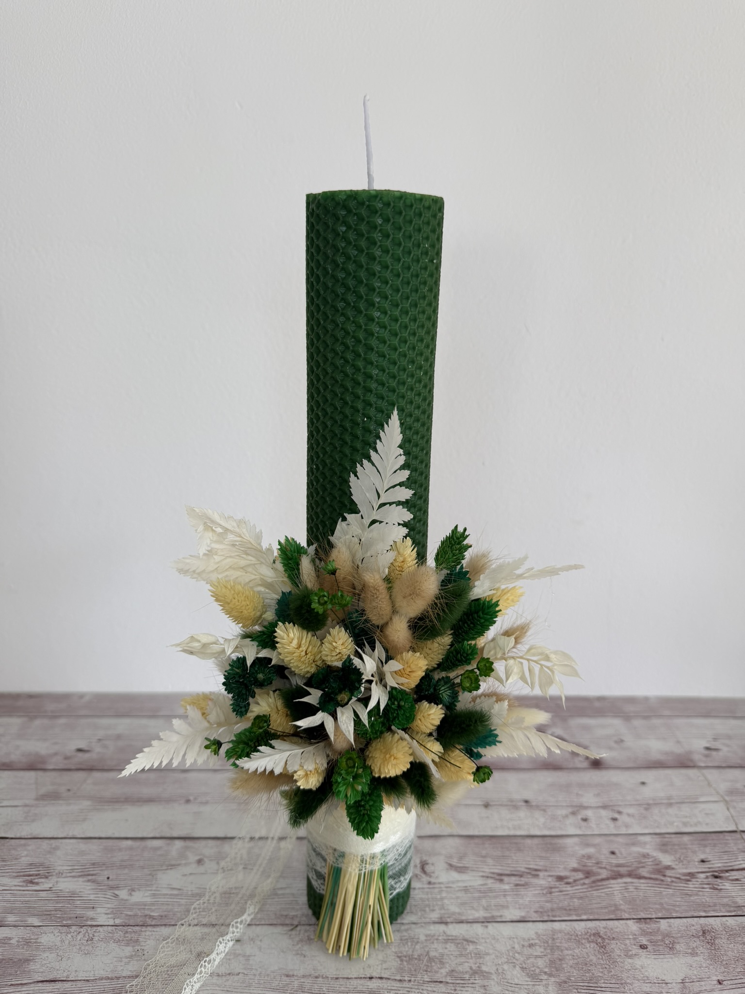 Lumanare de nunta cununie din ceara verde cu plante uscate si criogenate - imagine 6