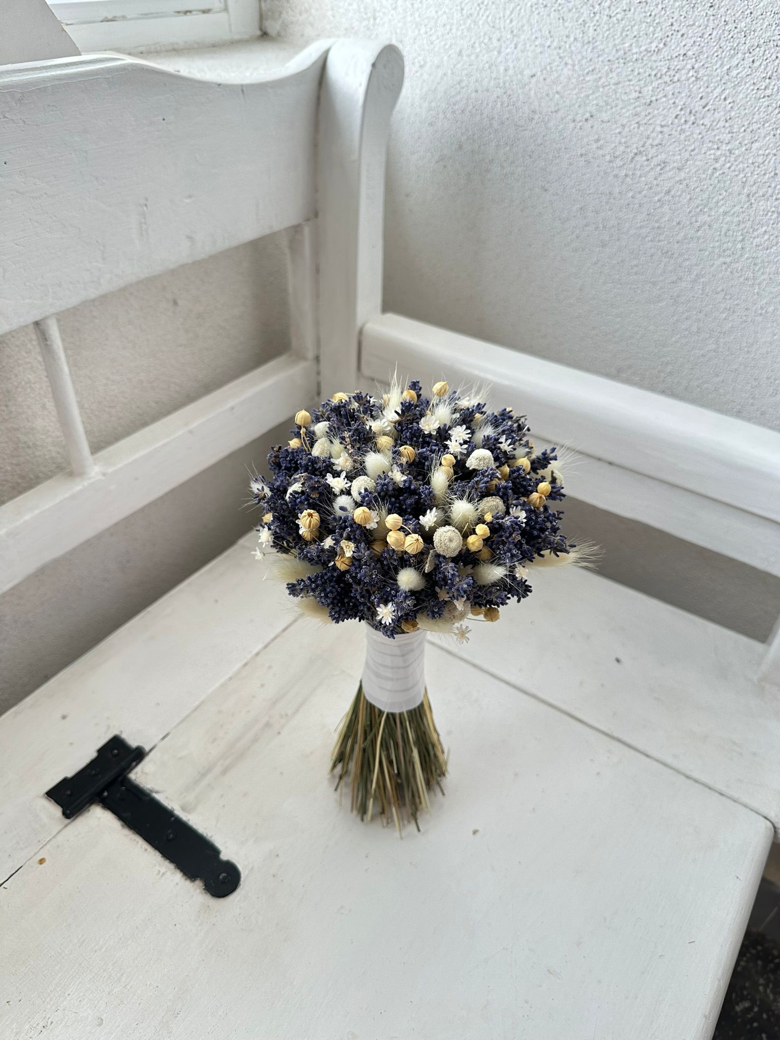 Buchet mireasa, nasa din lavanda si plante uscate crem, ivory 16-18 cm - imagine 3