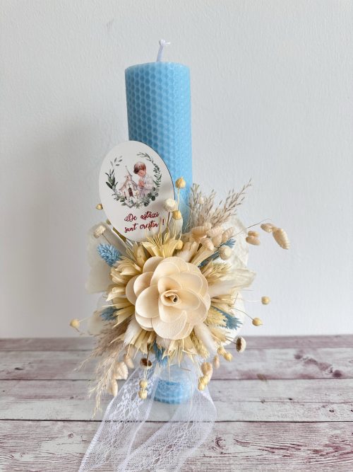 Lumanare botez din ceara naturala cu plante uscate si mesaj