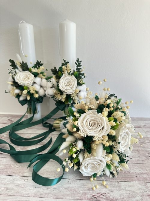 Pachet nunta cu  doua lumanari, buchet mireasa si cocarda din plante uscate și trandafiri criogenați