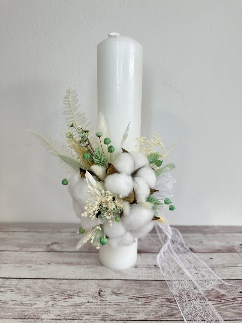 Lumânare de botez cu flori de bumbac natural și plante uscate verde menta