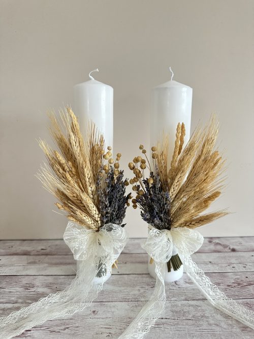 Set lumanari nunta rustice cu spice de grau si lavanda naturala