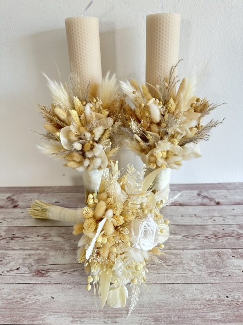 Pachet nunta buchet mireasa doua lumanari ceara naturala